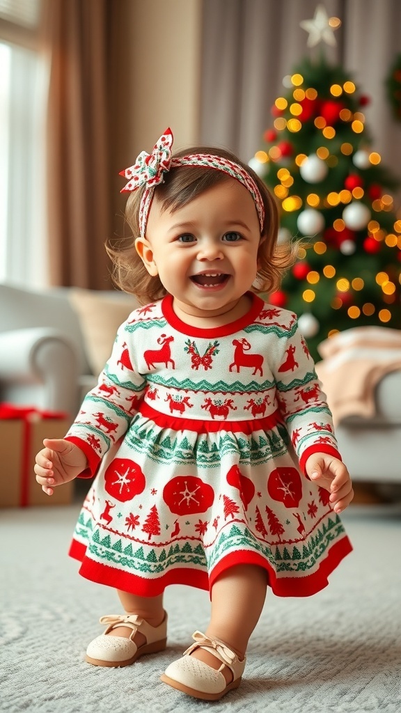 Festive Christmas Outfit for 18-Month-Old Girls An adorable toddler girl in a festive Christmas dress, smiling in a decorated living room.